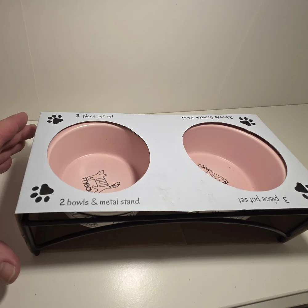 Ceramic Pet Bowl 3-Piece Set for Cats & Metal Stand New